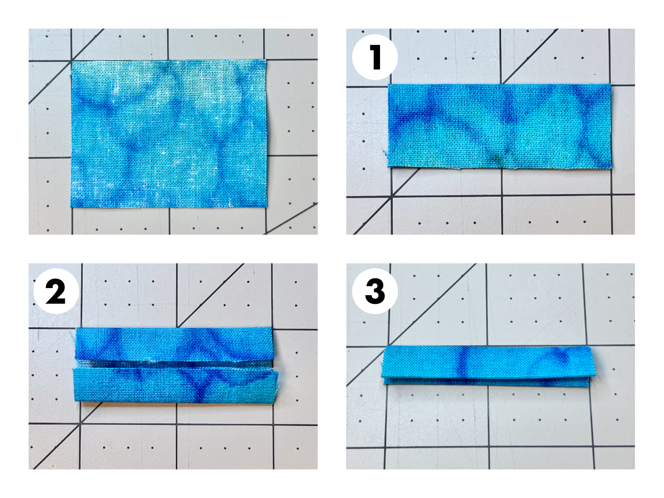 Four pictures of the zipper tab. One, zipper tab folded in half. Two, zipper tab with edges folded to the middle. Three, edges folded to the middle and folded in half.