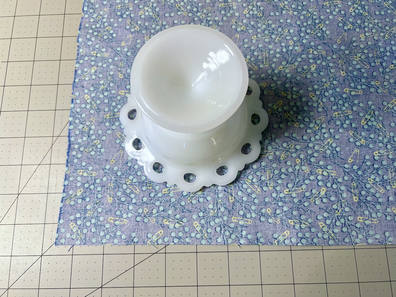 Candy dish placed upside down on the wrong side of the fabric